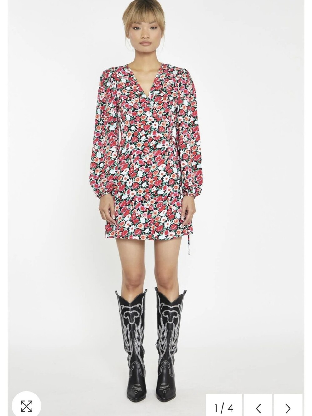 Glamorous Black-Red 90s Floral Wrap Mini-Dress